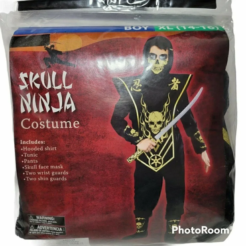 ‎Skull Ninja Halloween Costume Boys Size XL (14-16) 6 Piece Set NEW